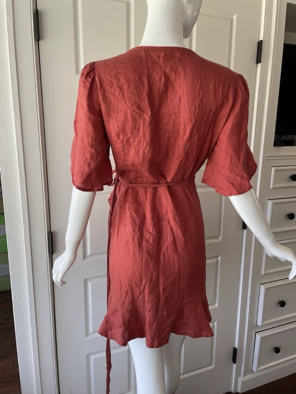 Honorine Edie Linen Ruffle Wrap Mini Dress Terracotta European Summer Boho Chic - Picture 3 of 13
